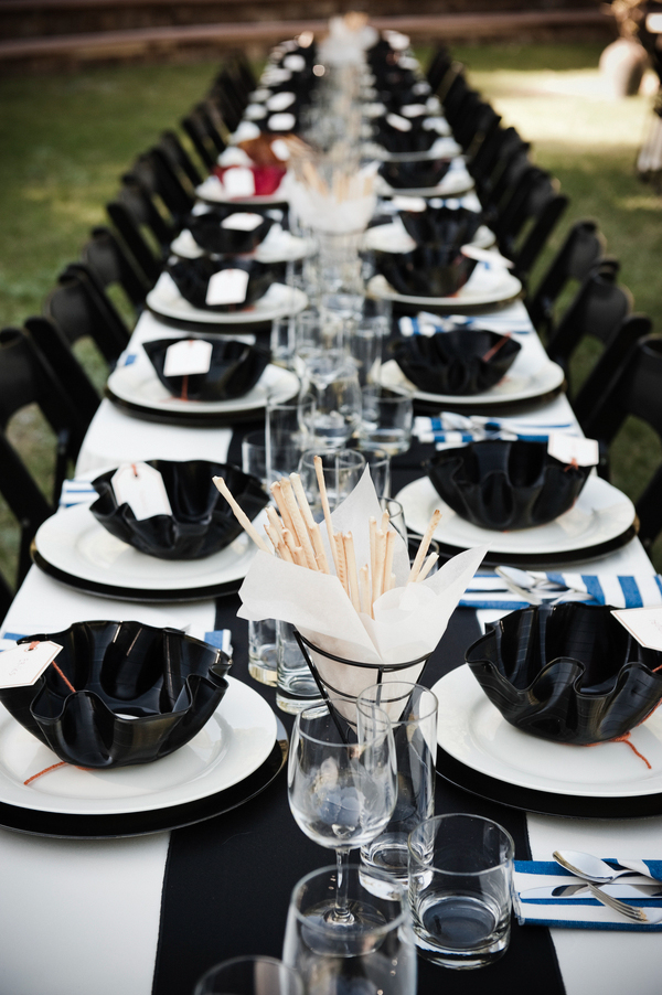 black and white long tables with record bowl favors - music inspired DIY wedding - photos by top Orange County, CA wedding photographers Viera Photographics